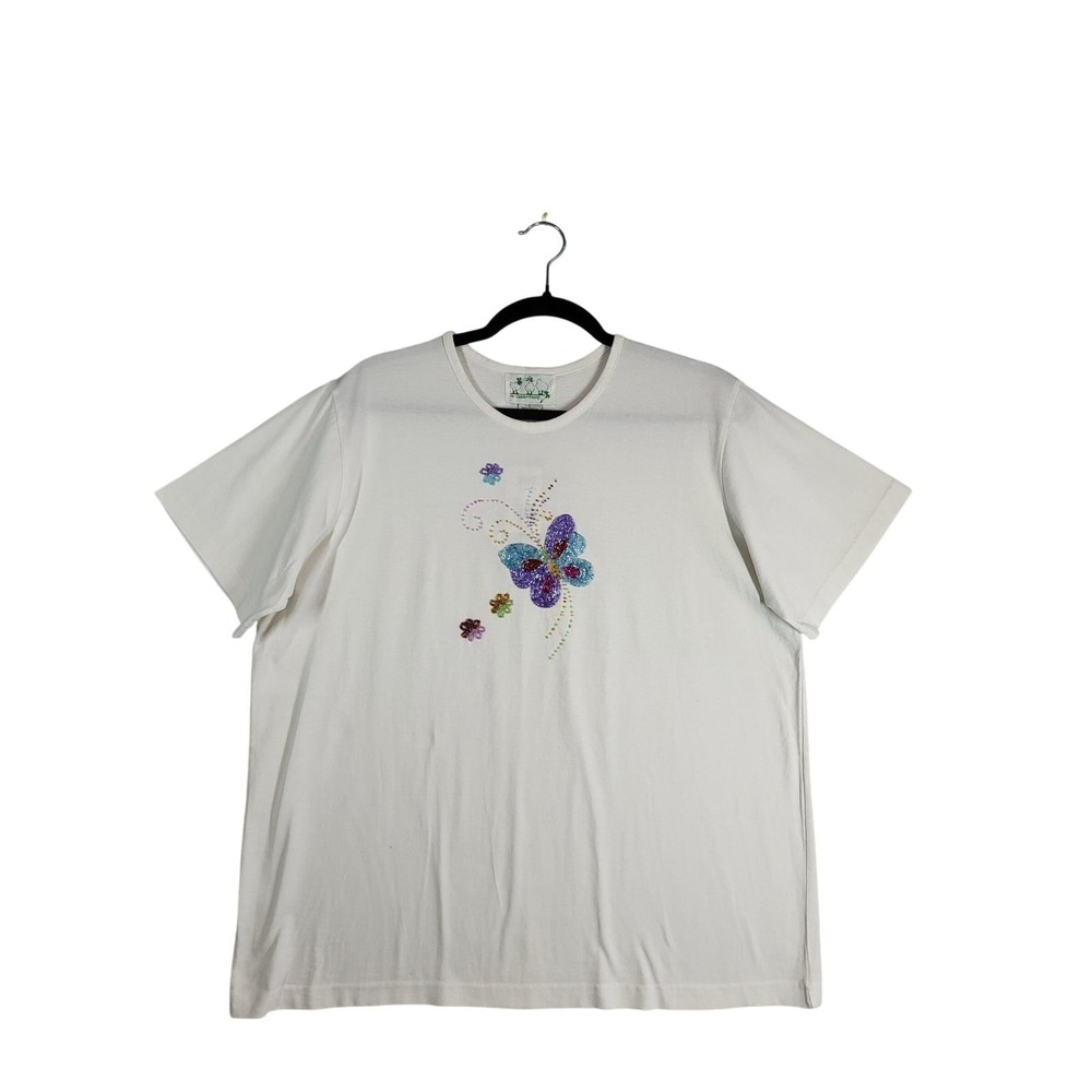 Quacker Factory Butterfly Beaded Floral Tee White Cotton Shirt L NWT Garden VTG